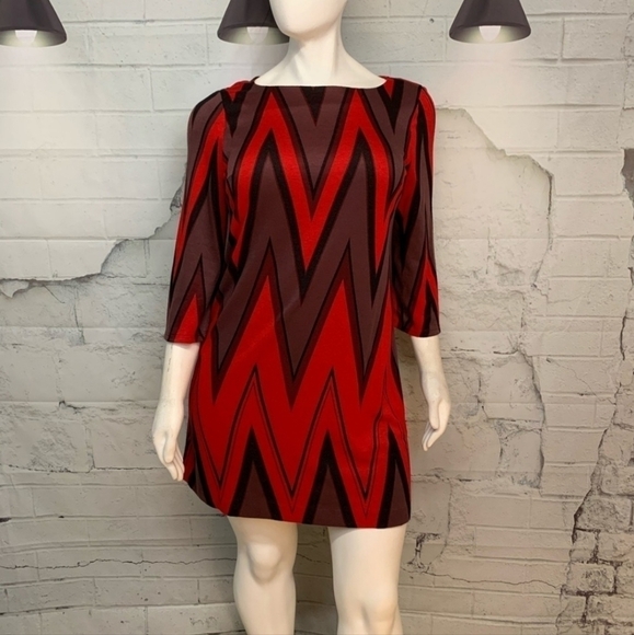 ICE Red Purple Black Chevron 3/4 Sleeve Mini Blouson Shift Dress Women's XS EUC - Picture 1 of 5